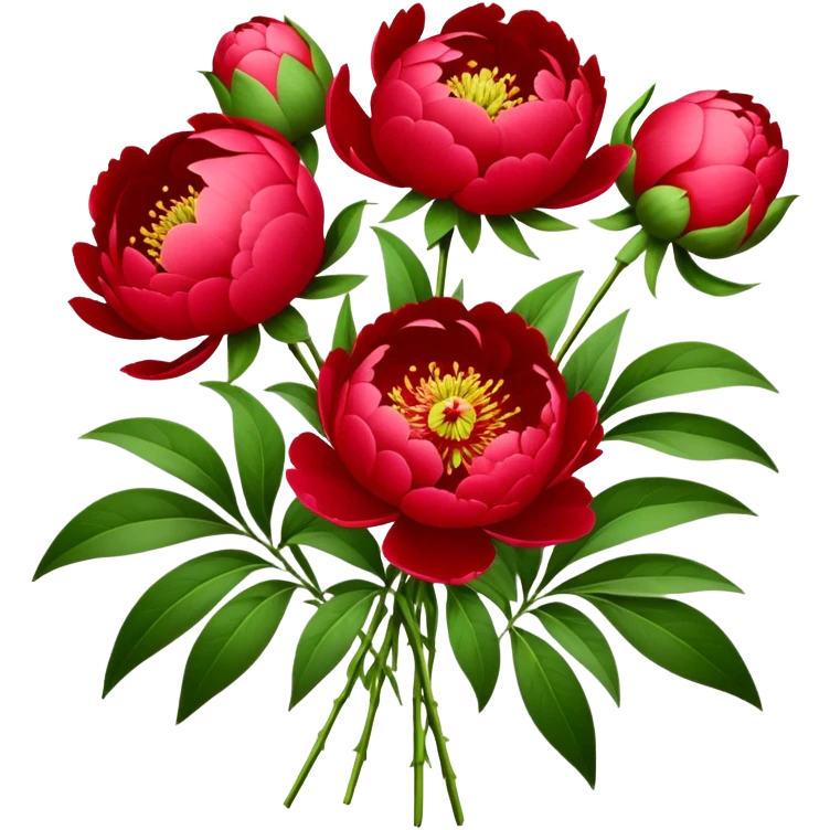 bouquet red Peony, luxuriant, stem, leaf, bud emoji