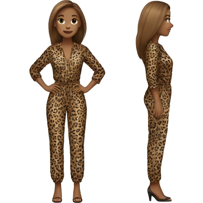 jumpsuit leopard print, light brown straight hair, full body emoji
