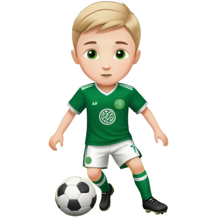 6 years old boy playing soccer wearing celtic uniform ( jersey) # 17 in the jersey !  emoji
