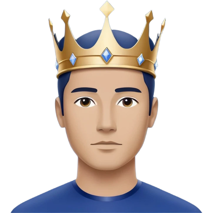 A confident man wearing a modern, minimalist crown in deep blue color. The crown is sleek with very few details, smooth surface, and a subtle futuristic design. In the center front of the crown, there is a clean, flat area designed for logo placement. The man has a calm, composed expression and is dressed in simple, elegant clothing. Neutral or soft background to keep the focus on the crown. High-resolution, premium look emoji
