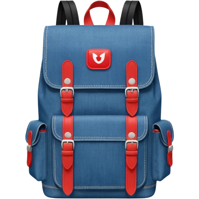 a blue denim backpack with a flap top, two vertical black buckle straps on the front. The backpack has two side pockets and a soft square shape. at front pocket bottom side, red and white two divided logo 

 emoji