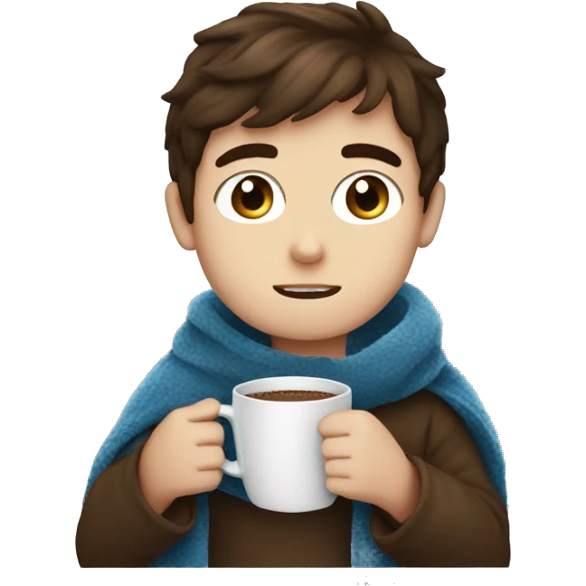Brown hair blue eye Boy drinking coffee, with a cozy blanket emoji