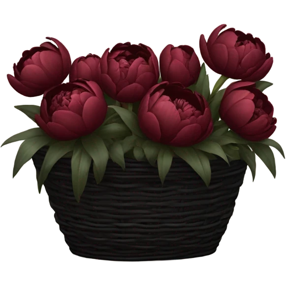 a large black basket of flowers consisting of dark red peonies in shades of burgundy and tulips in shades of red emoji
