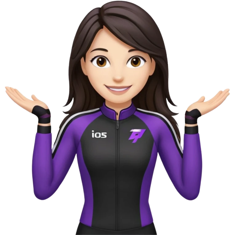 brunette long hair woman with black racing outfit with single purple strips on arms emoji