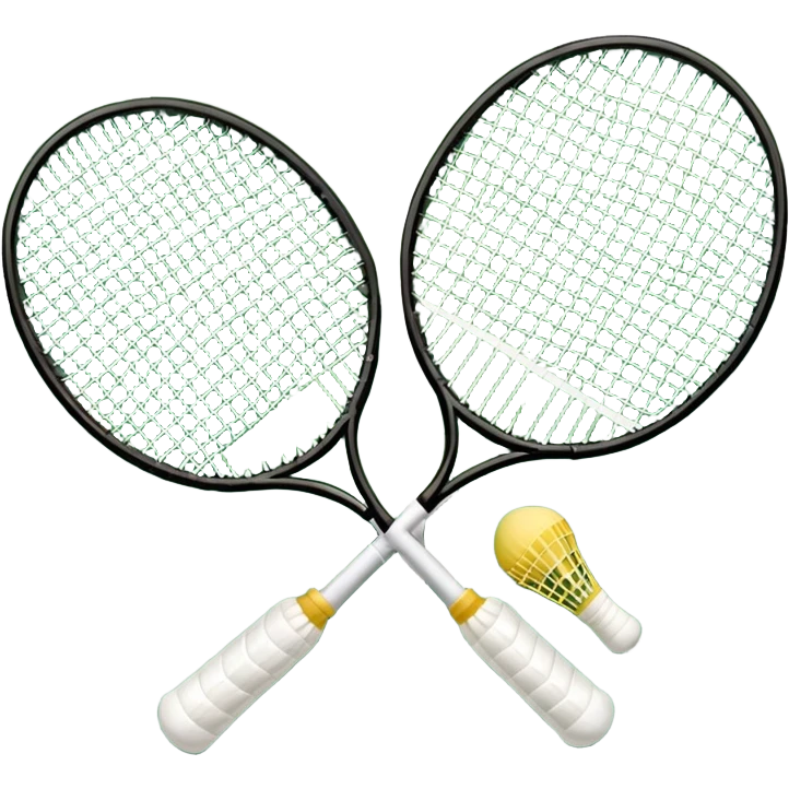 Two crossed badminton rackets with a shuttlecock resting in between, set against the faint outline of a badminton court. The image highlights the tools of the sport, with a subtle emphasis on the court's net and boundaries, symbolizing competition and skill. emoji
