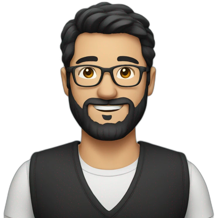 Smiling man with short black hair and glasses and beard wearing a black vest emoji