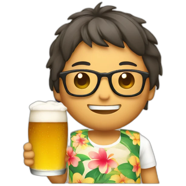 Japanese wearing roundglasses alohashirt is holding beer emoji