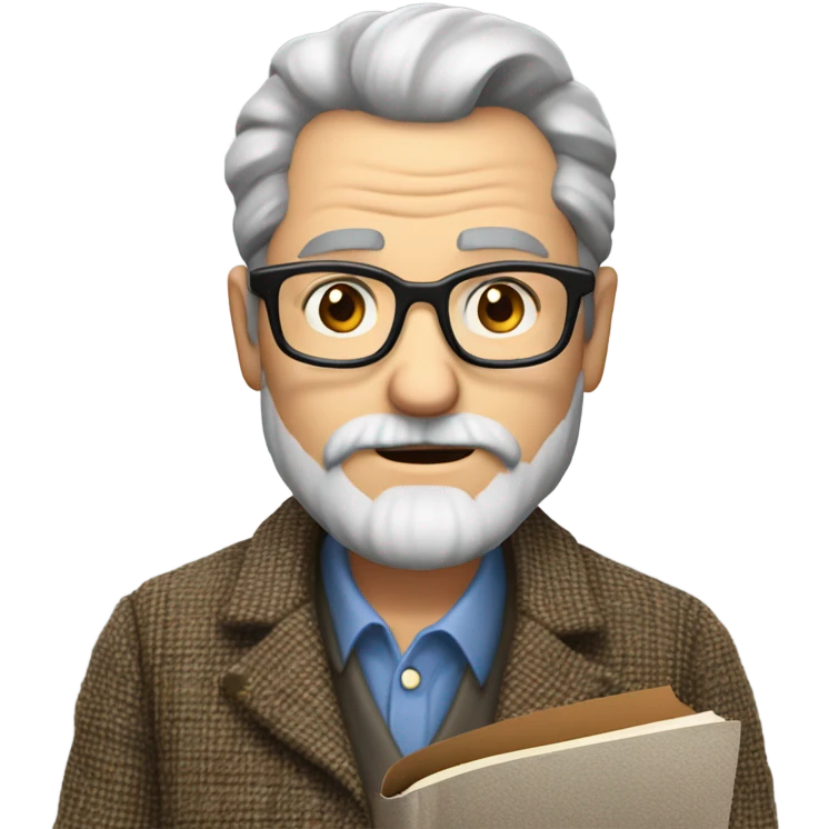 "A middle-aged man with graying hair, a beard, and round glasses. He has a serious, regretful expression, wears a tweed jacket, and holds a book or chalk." emoji