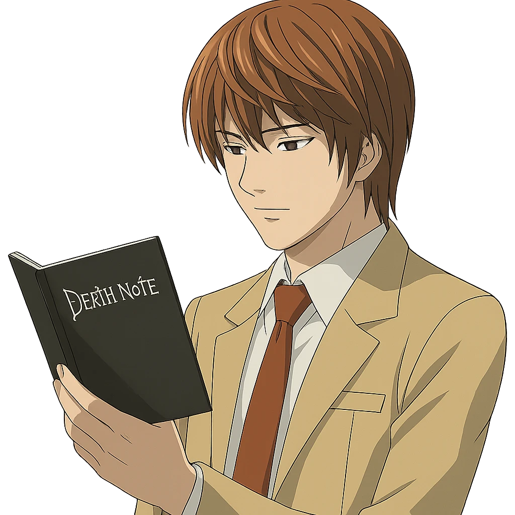 Light Yagami from Death Note, anime style, calm expression, looking at the Death Note, brown hair, school uniform emoji