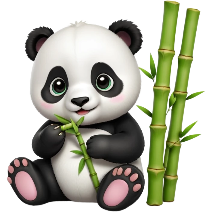 A 3D baby panda sitting and happily eating bamboo, big shiny eyes, cute and cartoonish style, soft lighting, high quality emoji