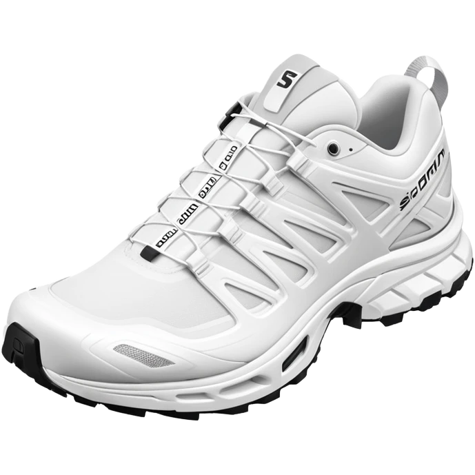 Completely all-white Salomon XT-6 shoes with no colored details whatsoever, one positioned behind the other, pure white minimalist design, iOS emoji style emoji