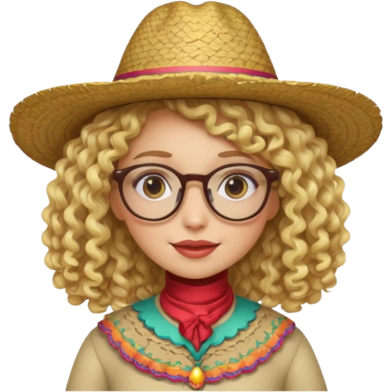 blonde girl with curly hair and glasses with a Mexican hat emoji