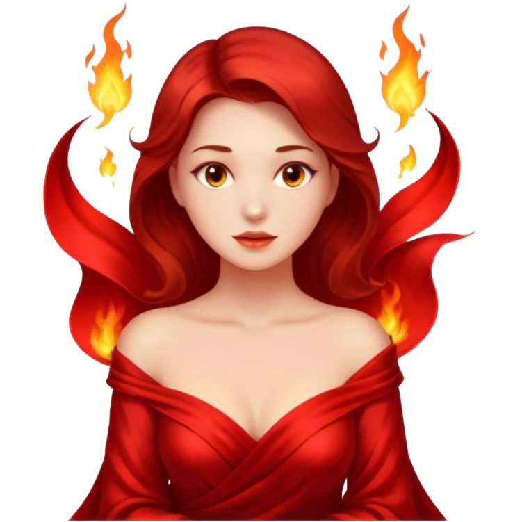 Woman slowly letting red silk fall from her shoulders, firelight flicker emoji