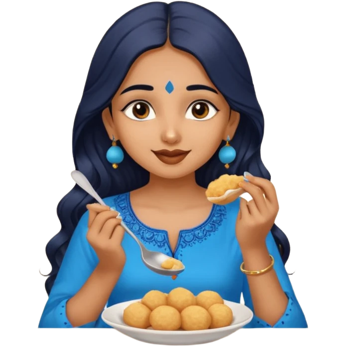a pretty tan indian bratz girl. eyeliner on, wearing a blue kurti, eating golgappa. NO SPOON. wavy long black hair emoji