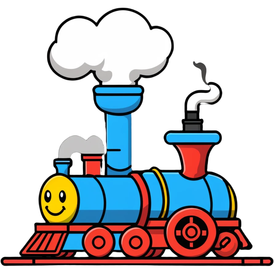 A cartoon toy train with a bright happy face and steam coming from its chimney emoji