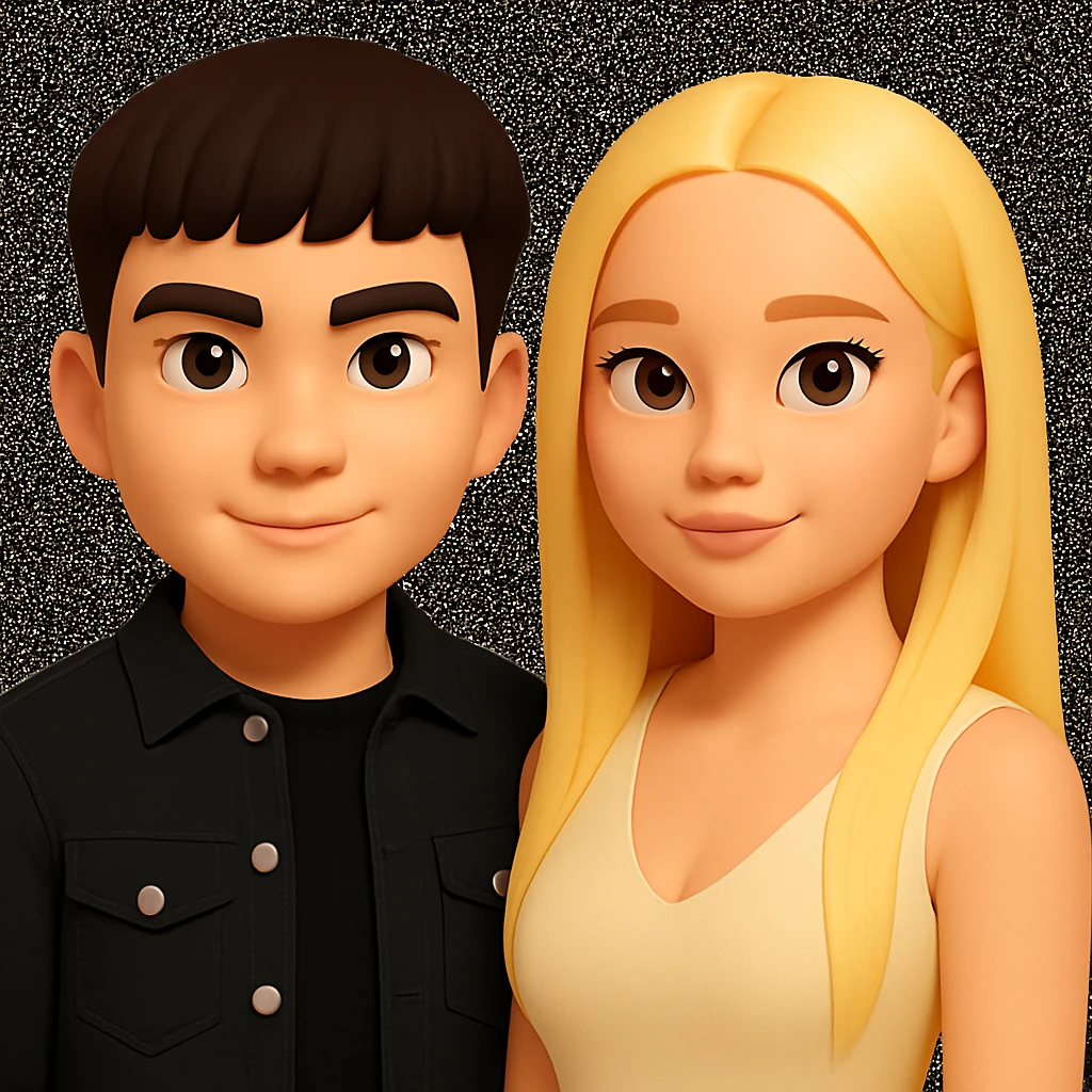 Slightly increase the volume of the upper body of the girl, slightly turn her to face forward, and make the skin color uniform. Maintain the cartoonish 3D style as in the reference image. emoji