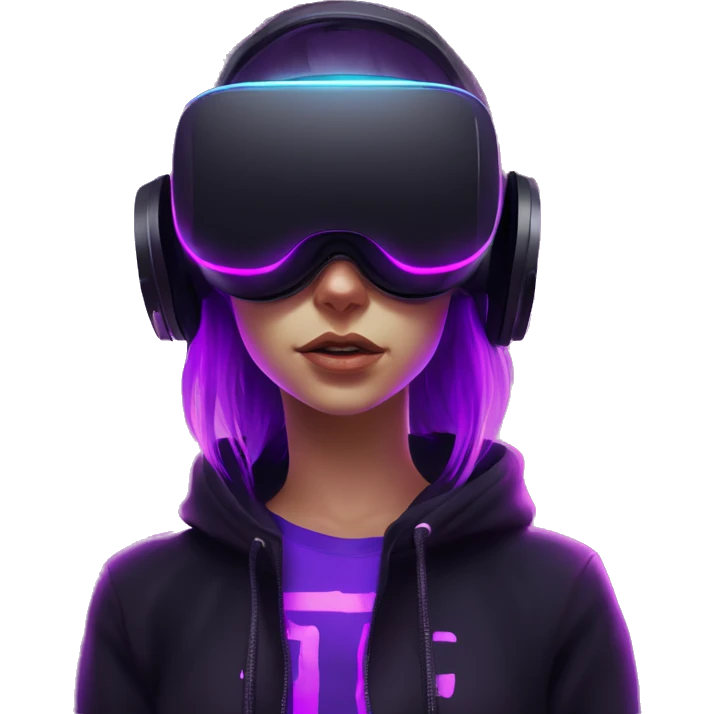 Russian girl wearing black hoody with violet letters "OMG", in vr headset. Cyberpunk style. Violet neon. emoji