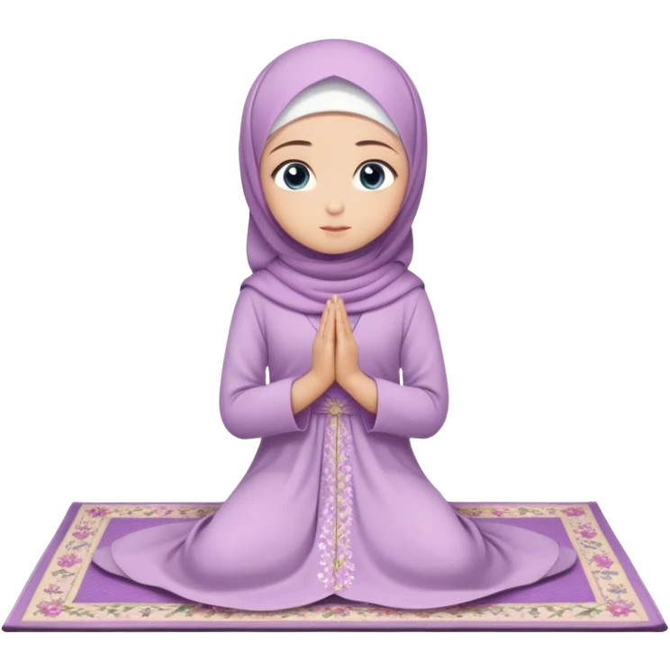 Turkish beautiful finish Konya muslim girl blue eyes with light purple color flower hijab long tail dress and sits on the pray mat namaz on the ground with dua  emoji