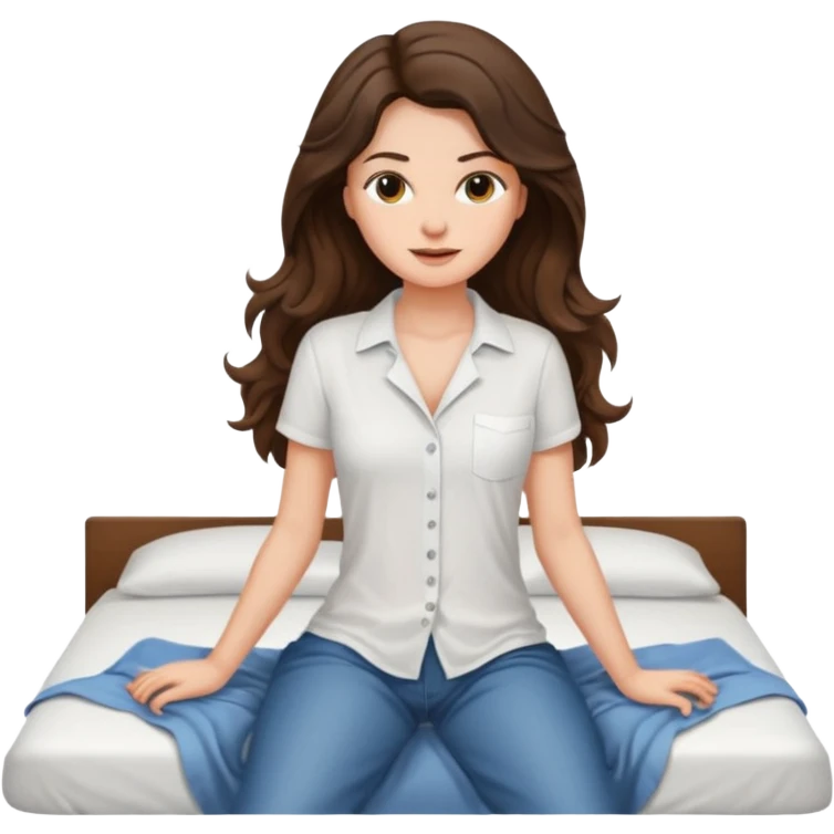 Brunette woman long wavy hair on bed undressing emoji