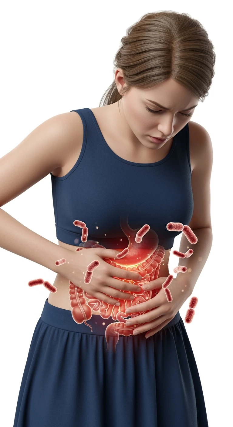 DONNA CON MAL DI PANCIA E INTESTINO UMANO ANATOMICO VISIBILE, BATTERI INTESTINALI FLUTTUANO INTORNO, IPERREALISTICO 4K, SFONDO BIANCO emoji