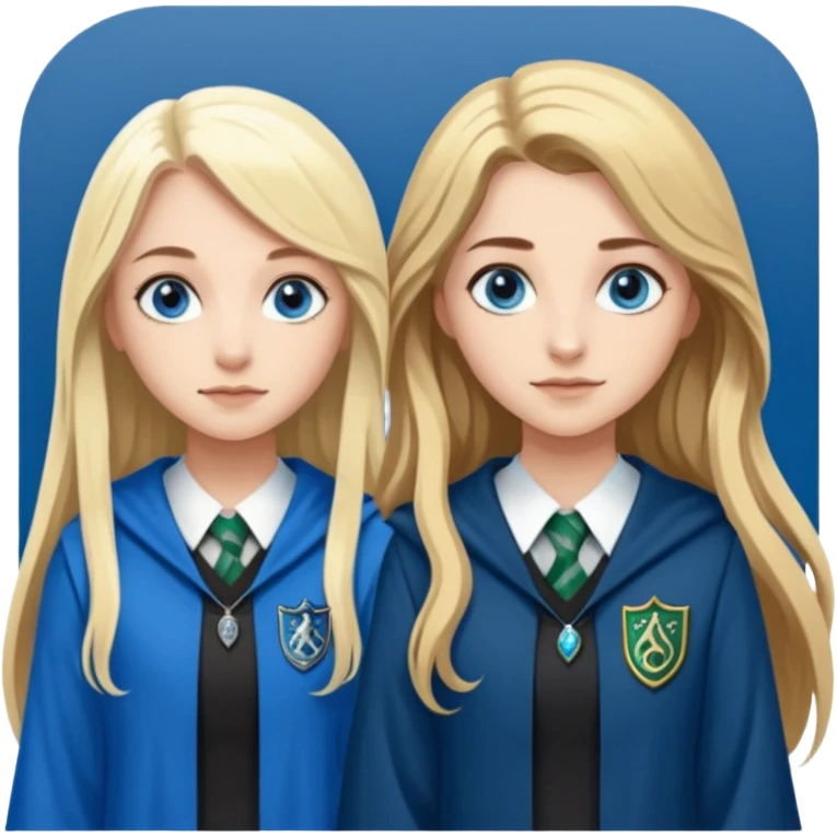 a pretty ravenclaw girl with long brown hair and blue eyes standing with a hot Slytherin girl with long blonde hair, blue eyes emoji