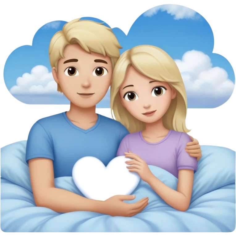Sweet dreams a blonde man in a very  comfy bed with blue and Pastel clouds  and an delicate  with a brunette girl sending a heart elegant  emoji