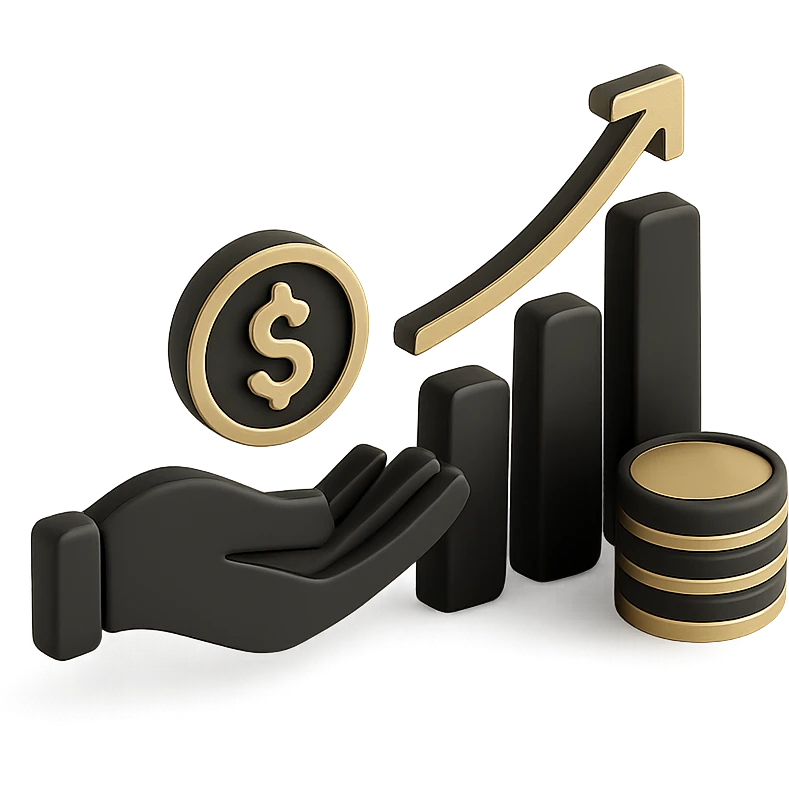 investment icon, a hand holding a coin, a growing bar chart, a stack of coins, 3D black style emoji
