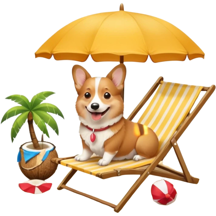 a corgi dog laied on a beach chair, a sunny beach, a sun umbrella, and beach coconut trees. the icon should capture the essence of a relaxing beach vacation with a carefree atmosphere emoji