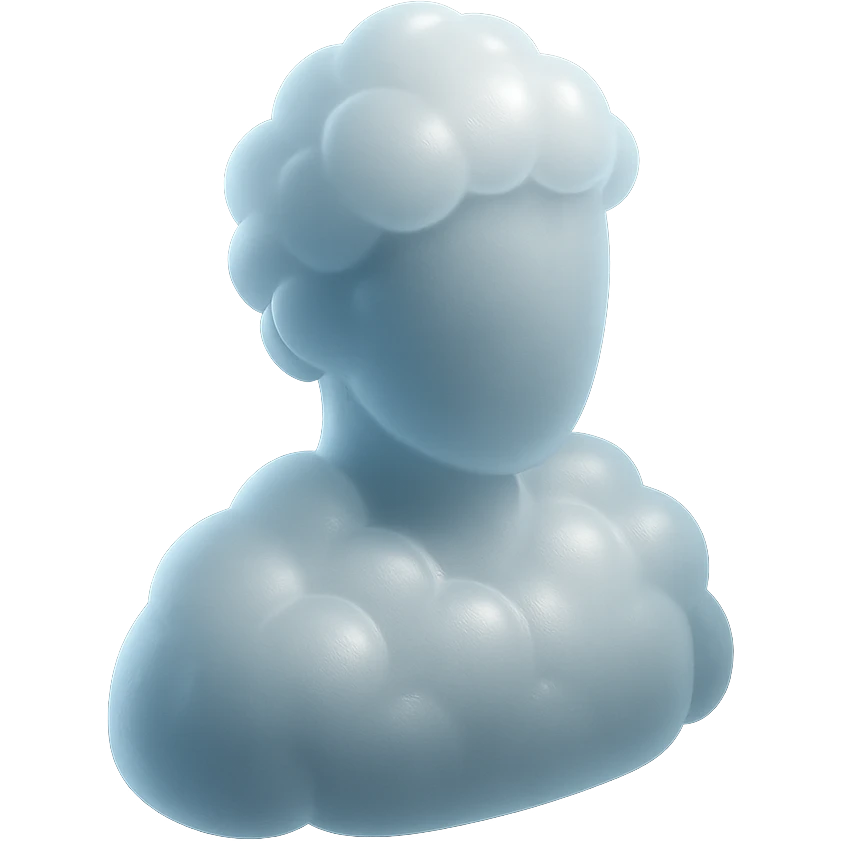 A person from the shoulders up, entirely composed of fluffy white convex clouds, matte glass style. emoji