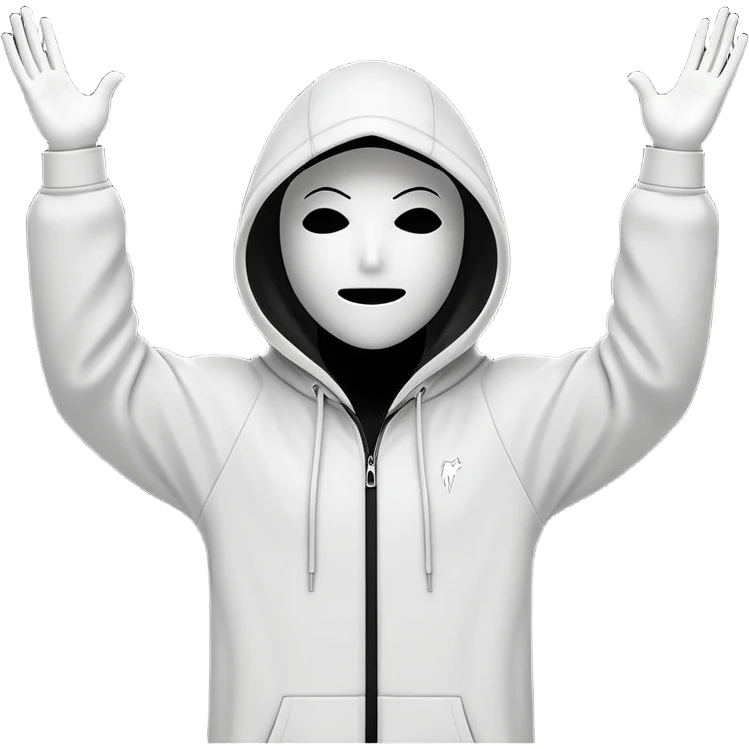 A minimalist black-and-white line art of a faceless hooded figure with raised arms, expressing excitement. The hood is outlined in clean white lines, and the figure is filled with black. A bold white capital “N” is on the chest. No glow or effects, with a transparent background. emoji