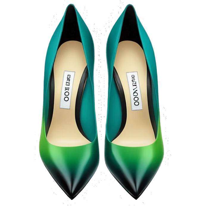 Realistic isolated top view of a pair of dark teal,lime green,black and emerald green ombre Jimmy Choo high heel shoes. emoji