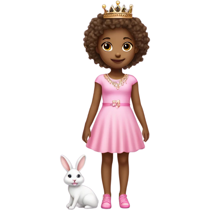 Little girl with a princess crown and wears a cute short pink dress with pink high heels and lots of jewelry and has a pet cute bunny emoji