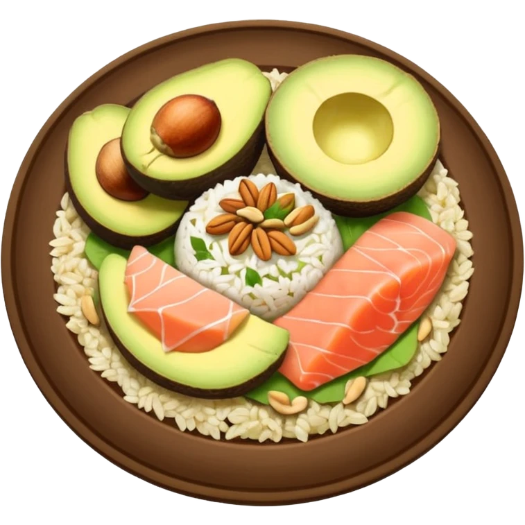 plato con comida variada granos aguacate rebanado salmon nueces arroz

 emoji