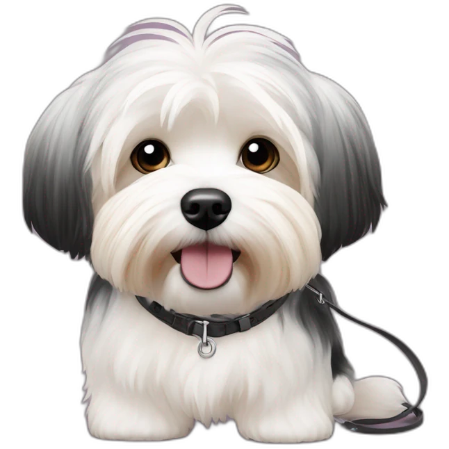 2 havanese dogs on leashes, 1 with patches of black emoji