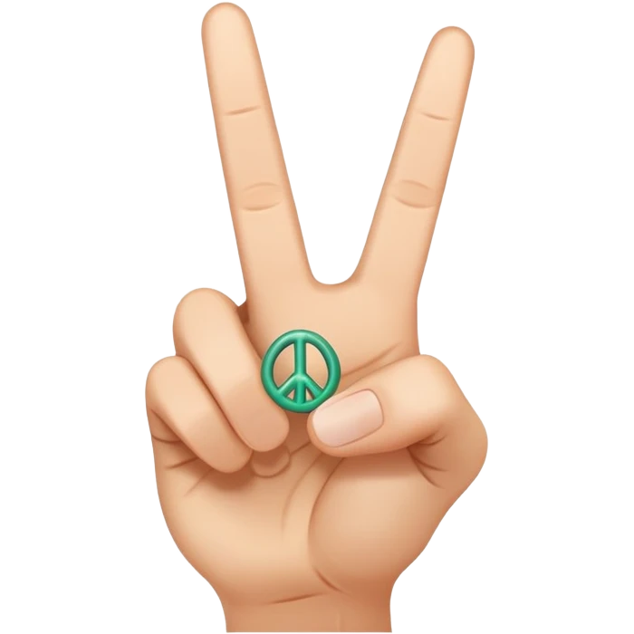 The hand shows the peace sign of the little finger and without mint fingers are the eyes, to the right of the hand the peace sign is rotated 45 degrees
Under these signs the letters peace emoji