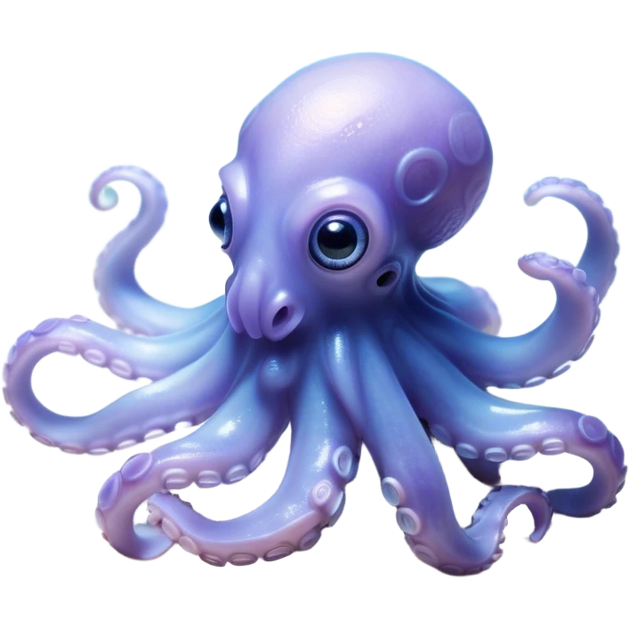Cinematic Noble Baby Octopus Portrait Emoji, Poised and graceful, with a soft, rounded, slightly translucent body in a dreamy light blue-purple hue, large, glistening eyes full of quiet intelligence and mystery, delicate, flowing tentacles curling gently, Simplified yet sophisticated features, highly detailed, glowing with a soft, ethereal oceanic radiance, high shine, elegant and serene, stylized with an air of deep-sea wonder, focused and tranquil, soft glowing outline, capturing the essence of an otherworldly, intelligent little cephalopod, floating effortlessly in the gentle ocean currents! emoji