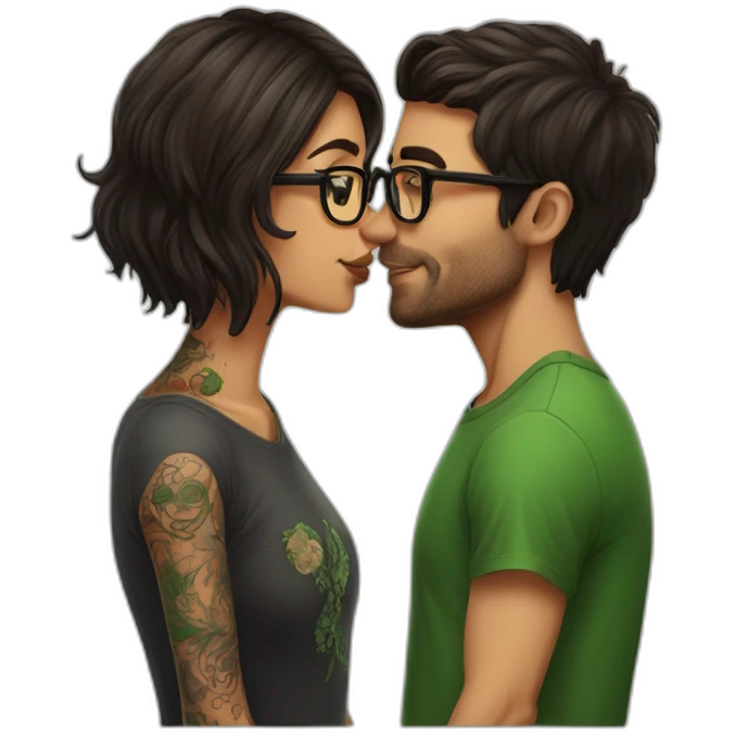 Brazilian long brown hair girl wearing glasses kissing Irish dark short hair guy with many tattoos emoji