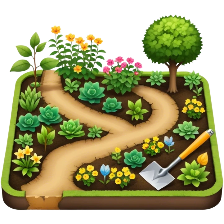 Icon for Landscape Design: a garden layout with plants, trees, paths, and design tools like a spade, pencil and measuring tape. The icon should represent creativity in outdoor space planning and gardening. Transparent background. emoji