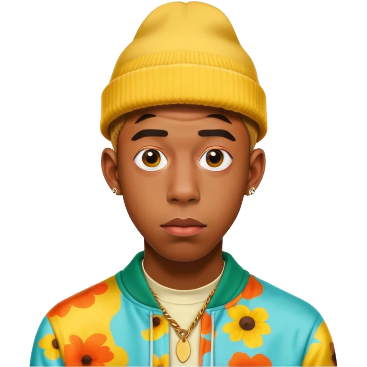 Tyler the Creator with his iconic look, wearing a colorful outfit emoji