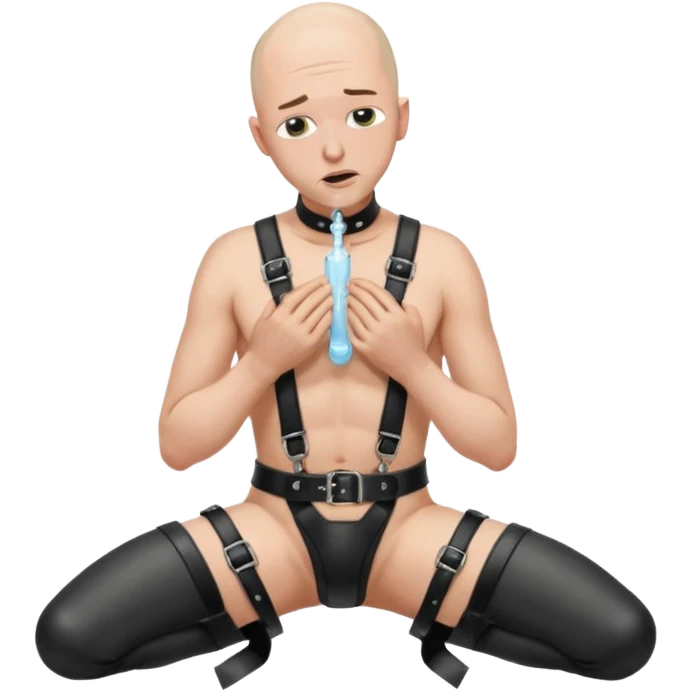 submissive bald man on his knees in a black leather harness standing man in leather, pouring piss down his throat emoji