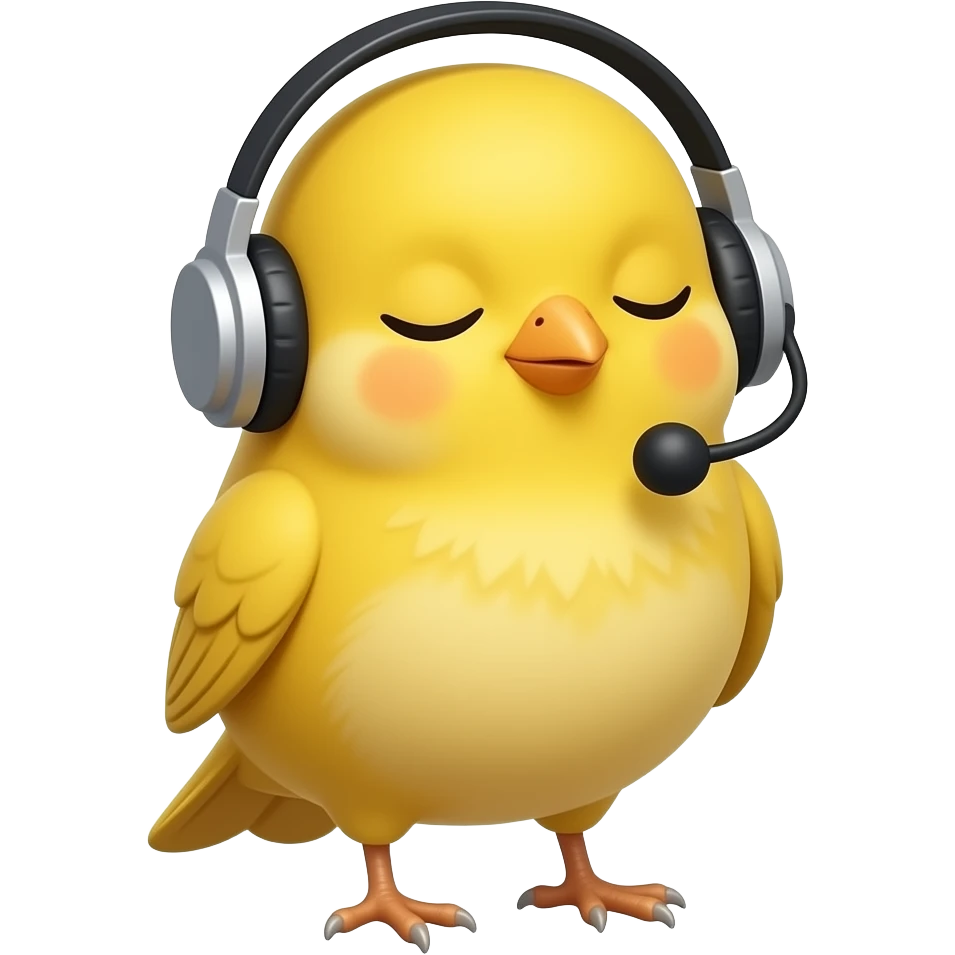 lovable small yellow bird wearing headphones (without a microphone - earphones only!) and listening to music with her eyes closed in a reverie. the image must be a transparent .png emoji