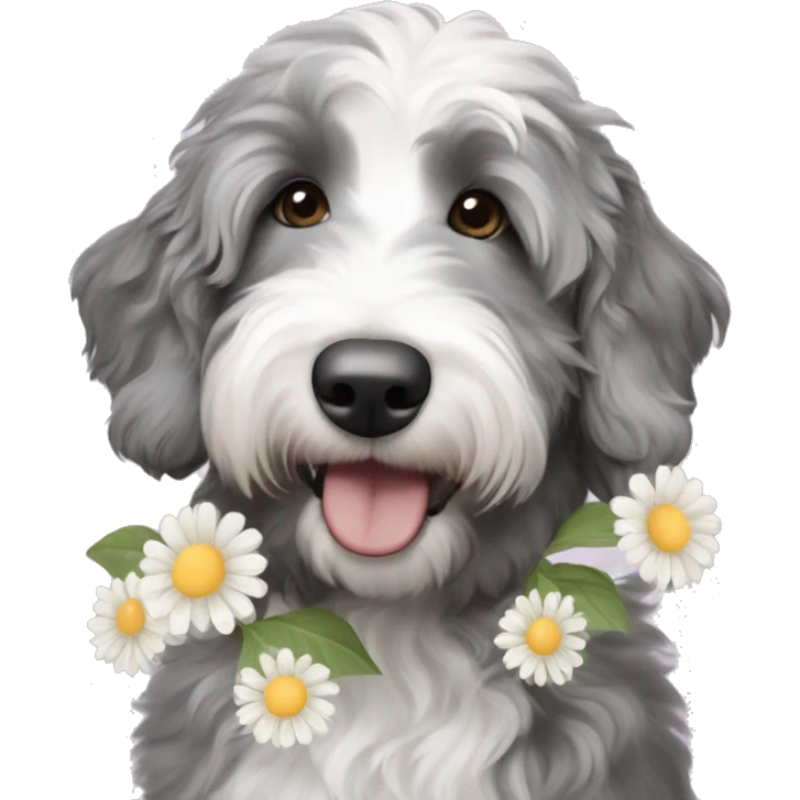 Grey and white Miniature aussiedoodle smelling flowers  emoji