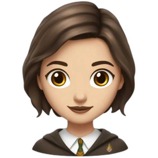 Fille brune aux yeux marron cheveux lisses blanche de peau et cheveux détaché avec une tenue de la maison serpentard dans Harry potter emoji