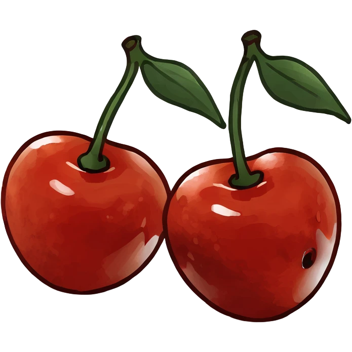 3D style two shiny red cherries hanging from a wooden branch with small green leaves emoji