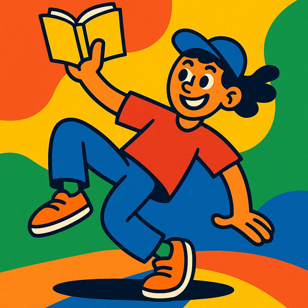 a character performing a dance move with one hand holding an open book, smiling, lively and fun atmosphere emoji