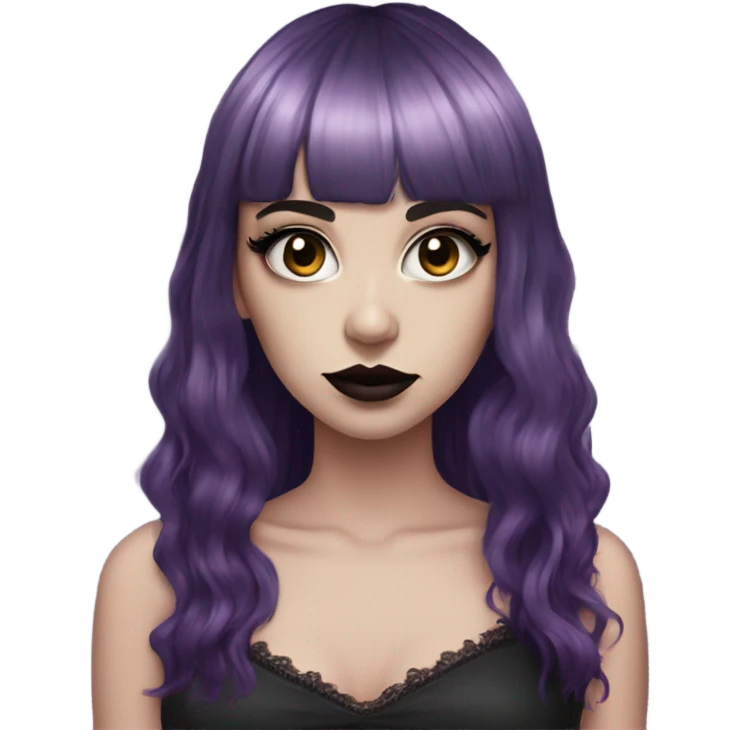 one single alt portrait women, purple hair medium, kinda long hair, short bangs, dark makeup, dark pink lips, gothic detailed slip dress, white skin  emoji