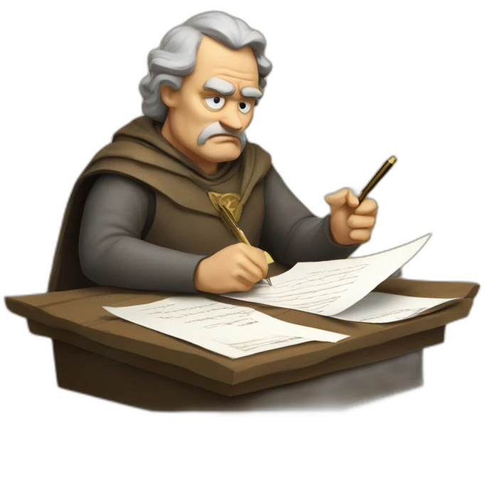 middle ages taxman, angry, writing on a paper, pile of gold emoji