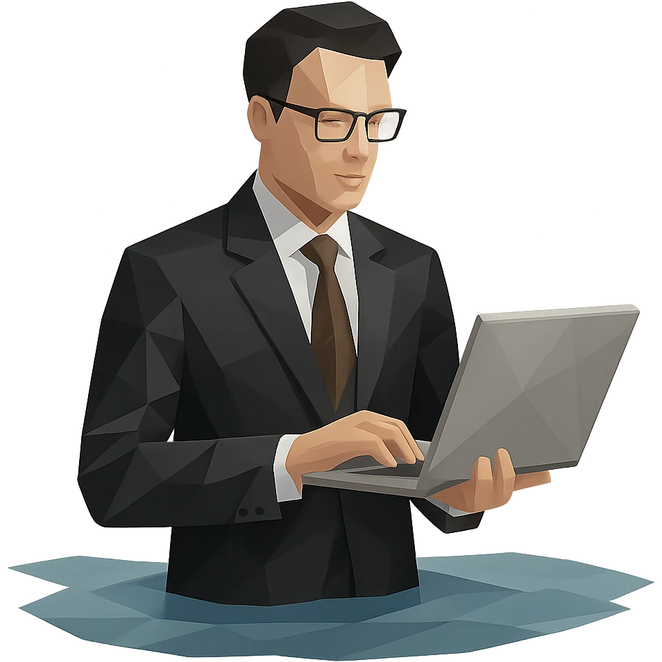 Businessman in black suit and glasses stands waist-deep with computer emoji