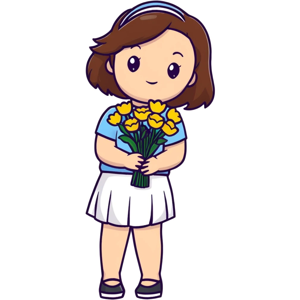 girl with brown hair wearing a white skirt holding a bouquet of flowers emoji