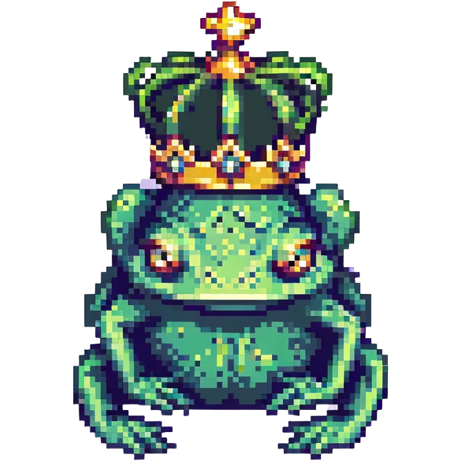a sad frog in pixel art style, surreal features, three eyes, floating crown emoji